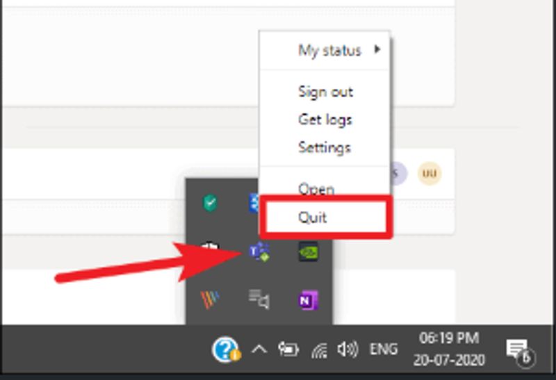Microsoft Teams tray menu with the Quit option highlighted.