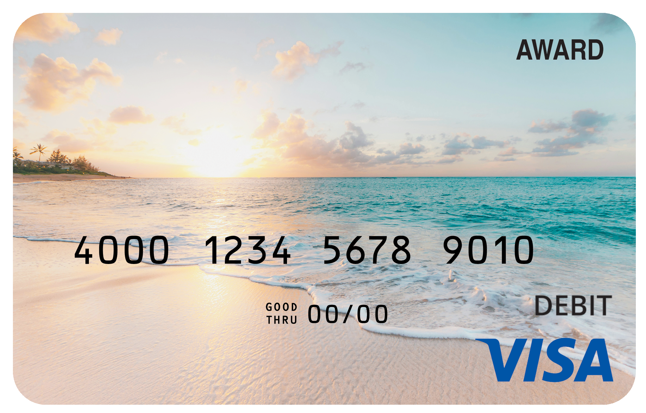 Award debit card with a bright coastal scene inspired by blue water and a relaxing seaside atmosphere.