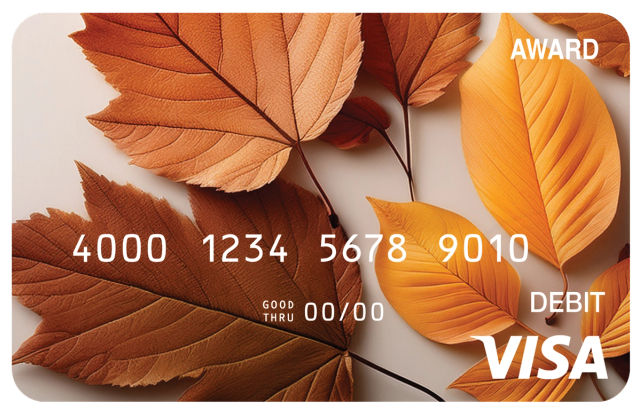Award debit card with warm autumn leaves and seasonal orange and brown tones.