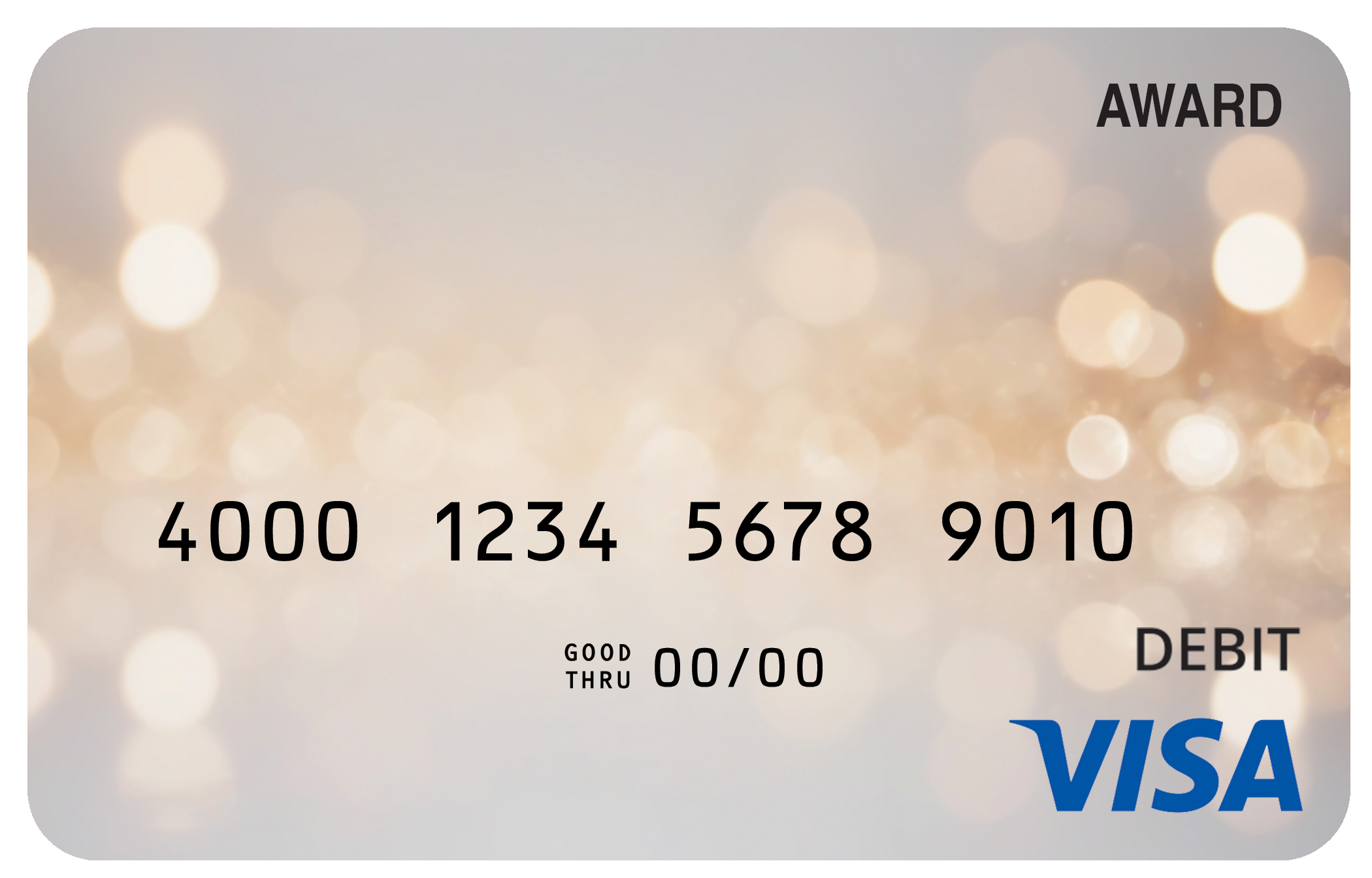 Award debit card with an elegant champagne-gold glow and soft celebratory highlights.
