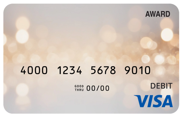 Award debit card with an elegant champagne-gold glow and soft celebratory highlights.