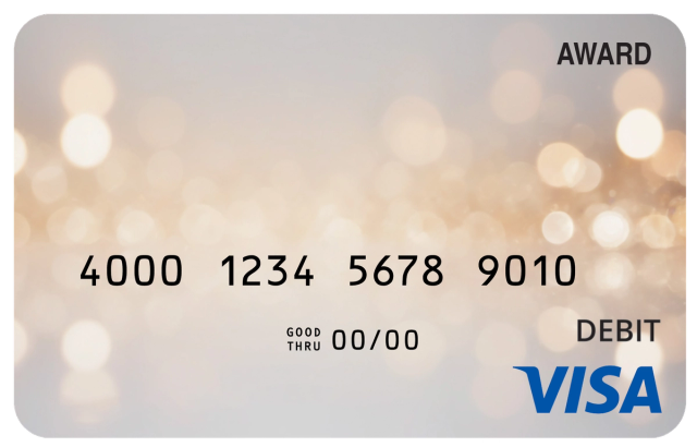 Award debit card with an elegant champagne-gold glow and soft celebratory highlights.
