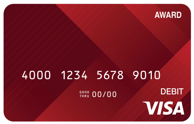 Award debit card with a sleek red executive-style design and minimal professional detailing.
