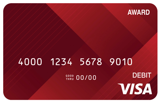 Award debit card with a sleek red executive-style design and minimal professional detailing.