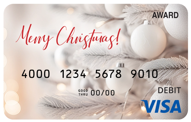 Award debit card with an elegant white Christmas theme and soft festive decorations.