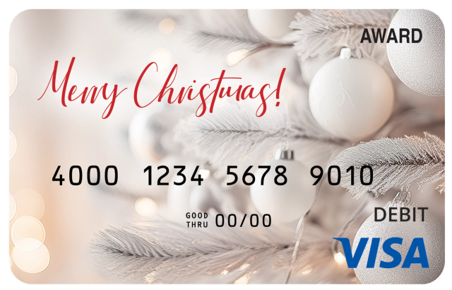 Award debit card with an elegant white Christmas theme and soft festive decorations.