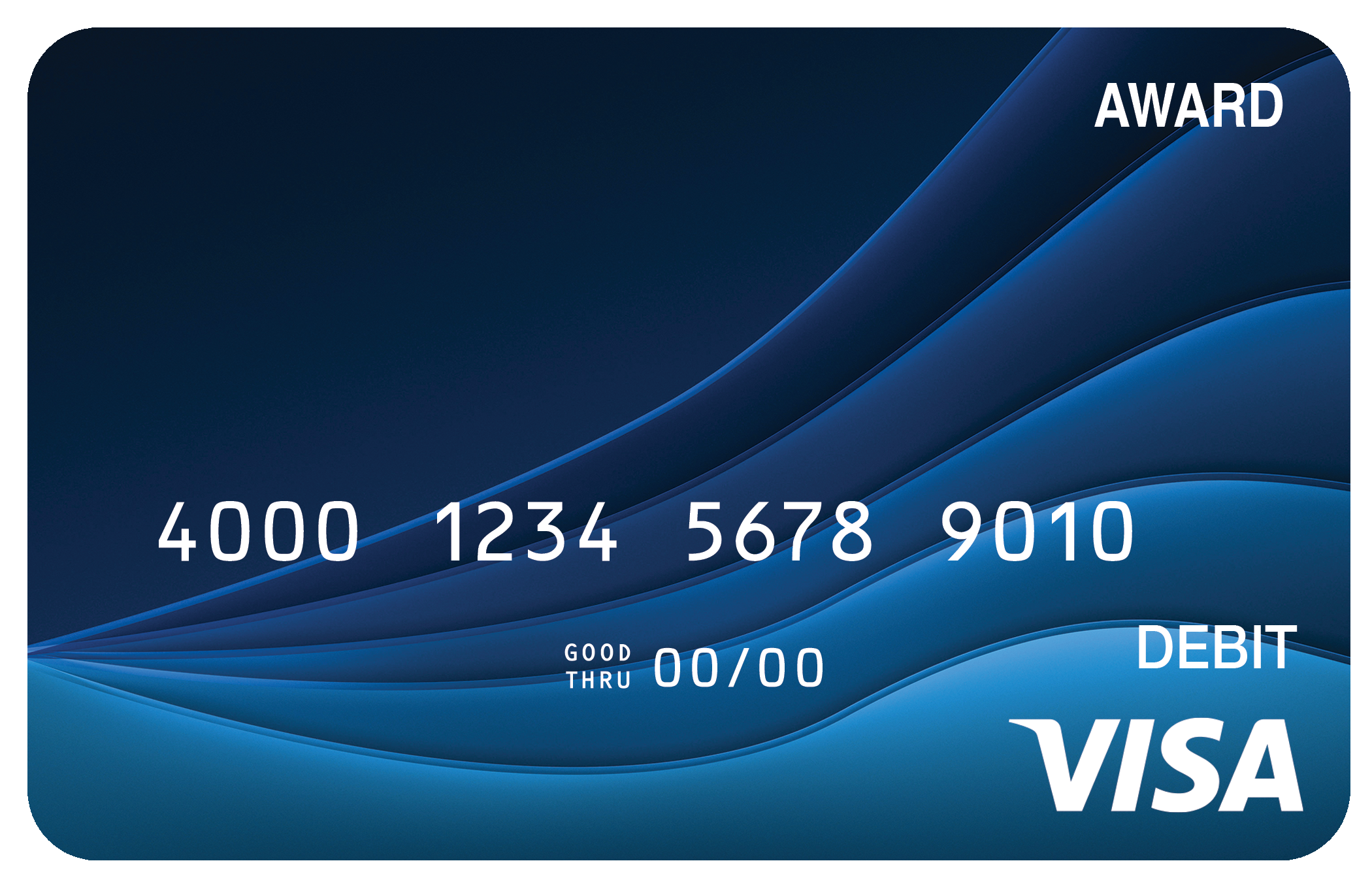 Award debit card with layered blue geometric shapes creating a modern sense of motion.