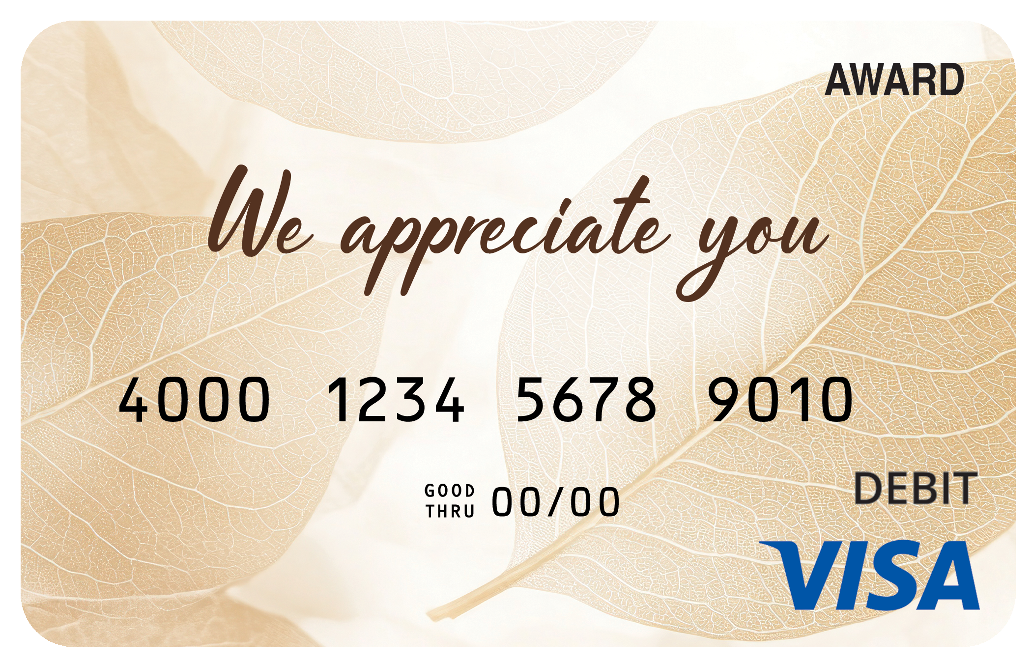 Award debit card with warm gold tones and a gratitude or appreciation theme.