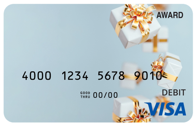 Award debit card with multiple festive gifts arranged in a cascading celebration design.