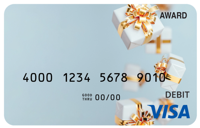 Award debit card with multiple festive gifts arranged in a cascading celebration design.