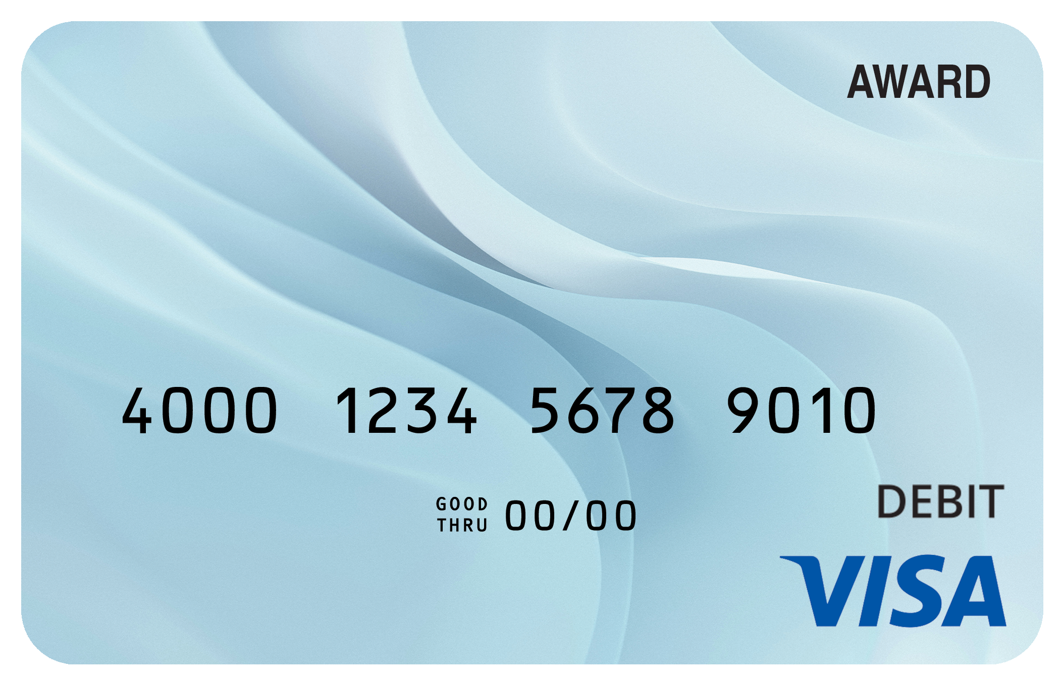 Award debit card with a soft blue gradient and flowing white wave-line pattern.