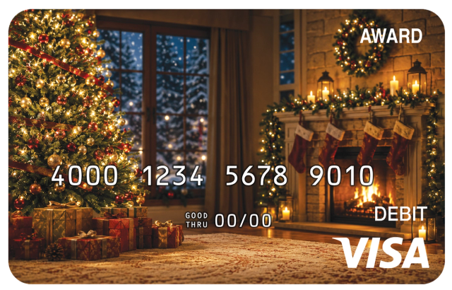Award debit card with glowing holiday lights and a festive seasonal background.