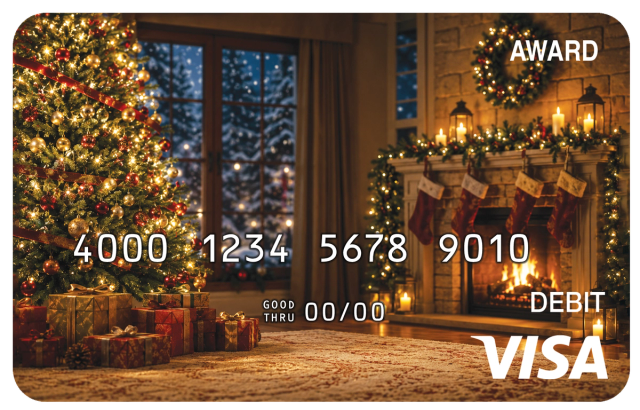 Award debit card with glowing holiday lights and a festive seasonal background.