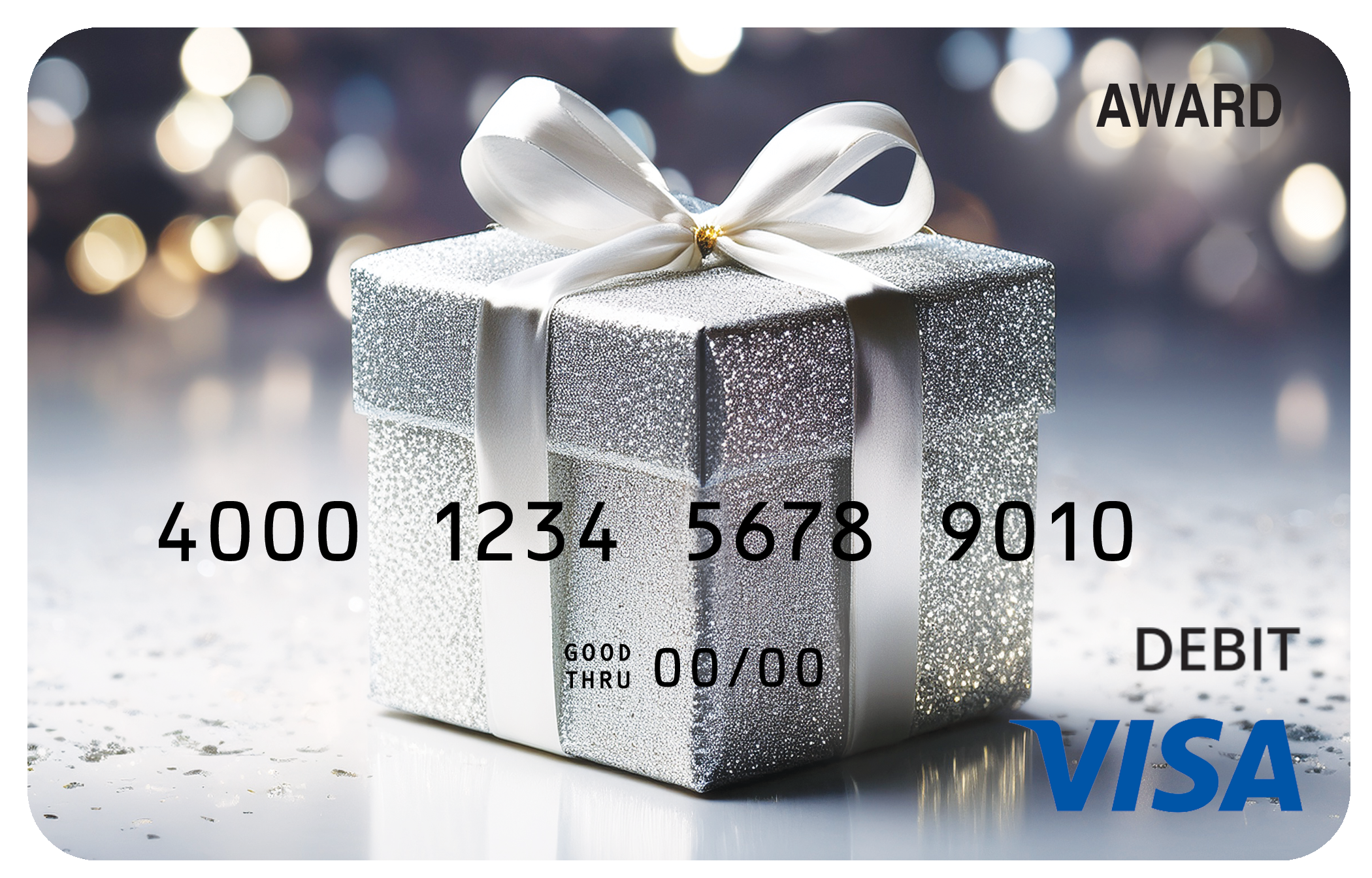 Award debit card with a sparkling silver gift box and white ribbon against festive lights.