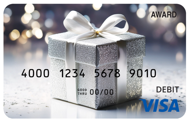 Award debit card with a sparkling silver gift box and white ribbon against festive lights.