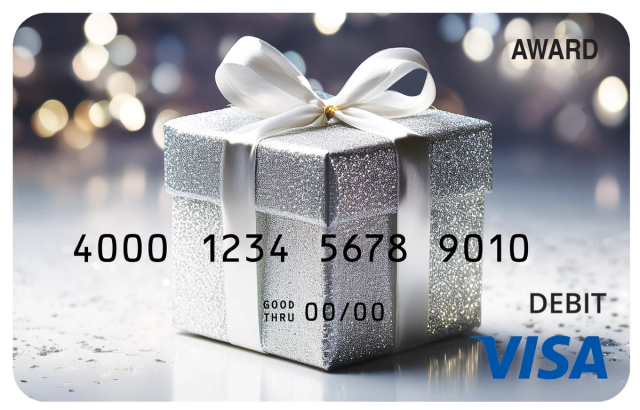 Award debit card with a sparkling silver gift box and white ribbon against festive lights.