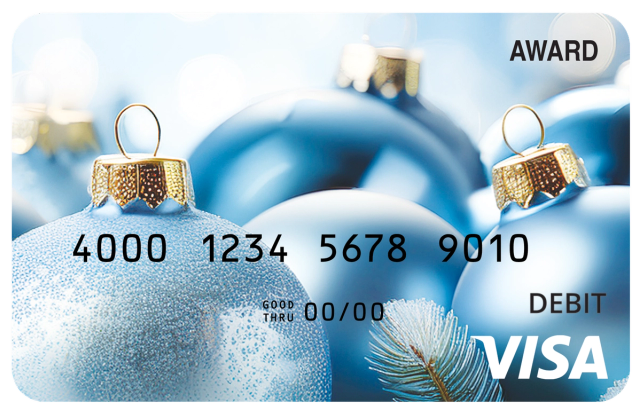 Award debit card featuring blue and silver Christmas ornaments with bright winter bokeh.