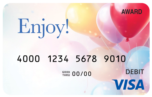Award debit card with a pale blue background, white gift box, ribbon, and the message “Enjoy!”