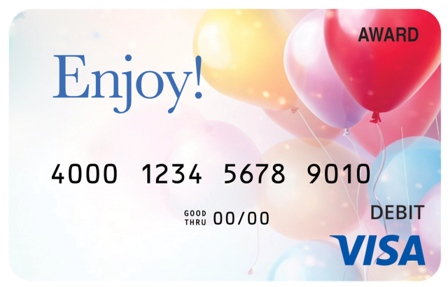 Award debit card with a pale blue background, white gift box, ribbon, and the message “Enjoy!”