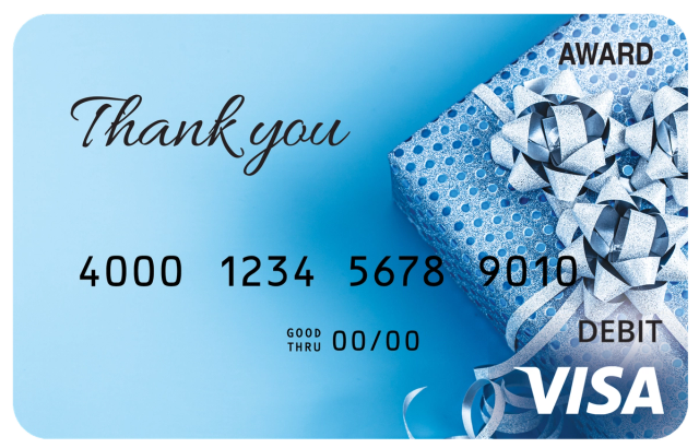 Award debit card featuring a blue gift ribbon and bow with a thank-you theme.