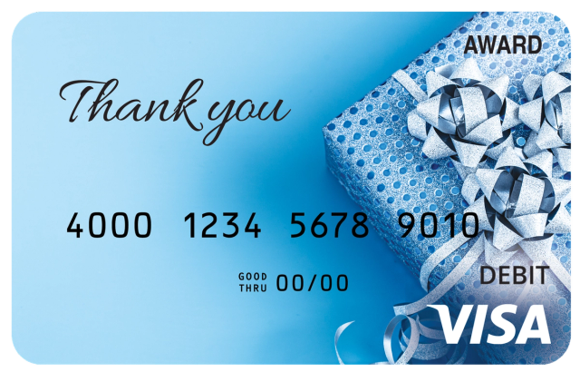 Award debit card featuring a blue gift ribbon and bow with a thank-you theme.