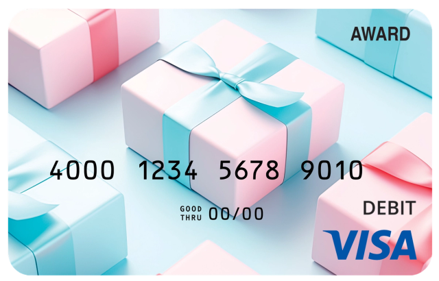 Award debit card with soft pastel colors and cheerful celebration-themed details.