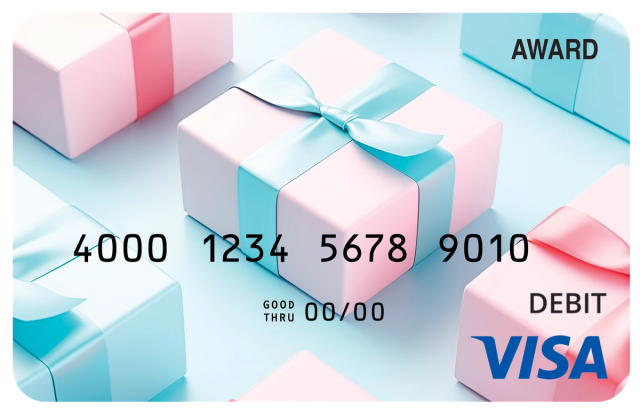 Award debit card with soft pastel colors and cheerful celebration-themed details.