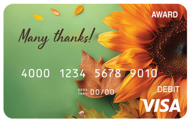 Award debit card featuring pumpkins and autumn harvest decorations in warm seasonal colors.