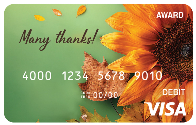 Award debit card featuring pumpkins and autumn harvest decorations in warm seasonal colors.