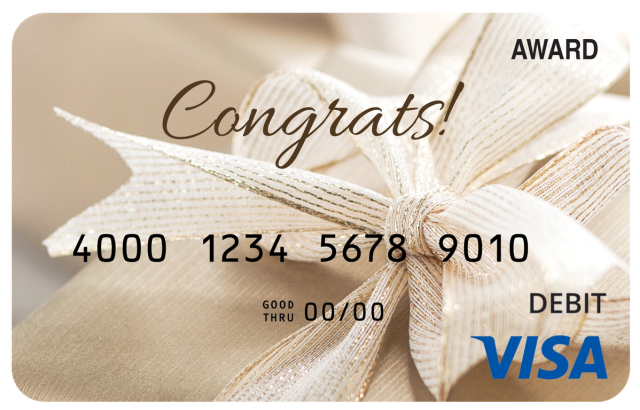 Award debit card featuring a wrapped present and a celebratory congratulations theme.