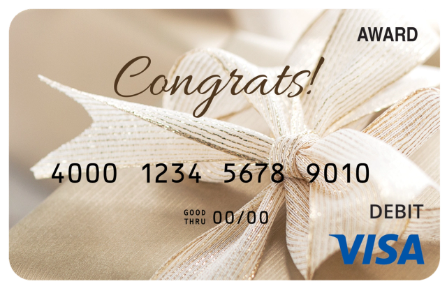 Award debit card featuring a wrapped present and a celebratory congratulations theme.