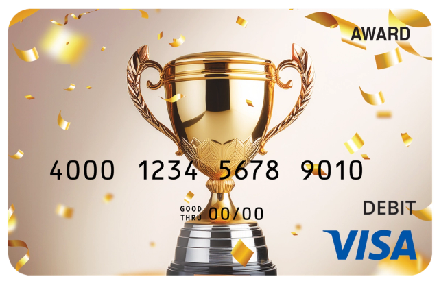 Award debit card with a blue ribbon and gold medal on a light blue background.