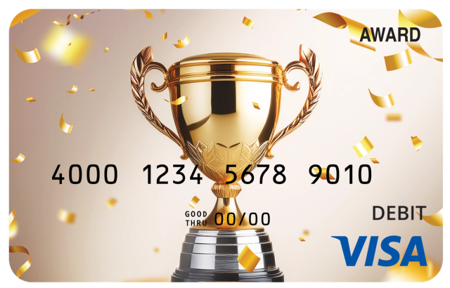 Award debit card with a blue ribbon and gold medal on a light blue background.