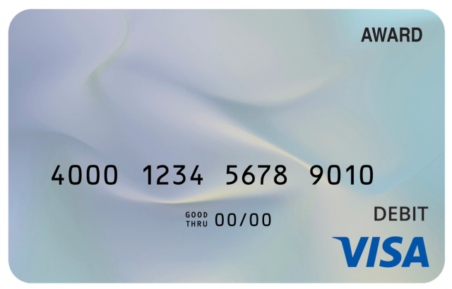 Award debit card with a soft pearl-white elegant design and subtle luminous accents.