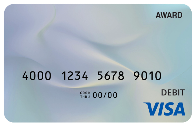 Award debit card with a soft pearl-white elegant design and subtle luminous accents.