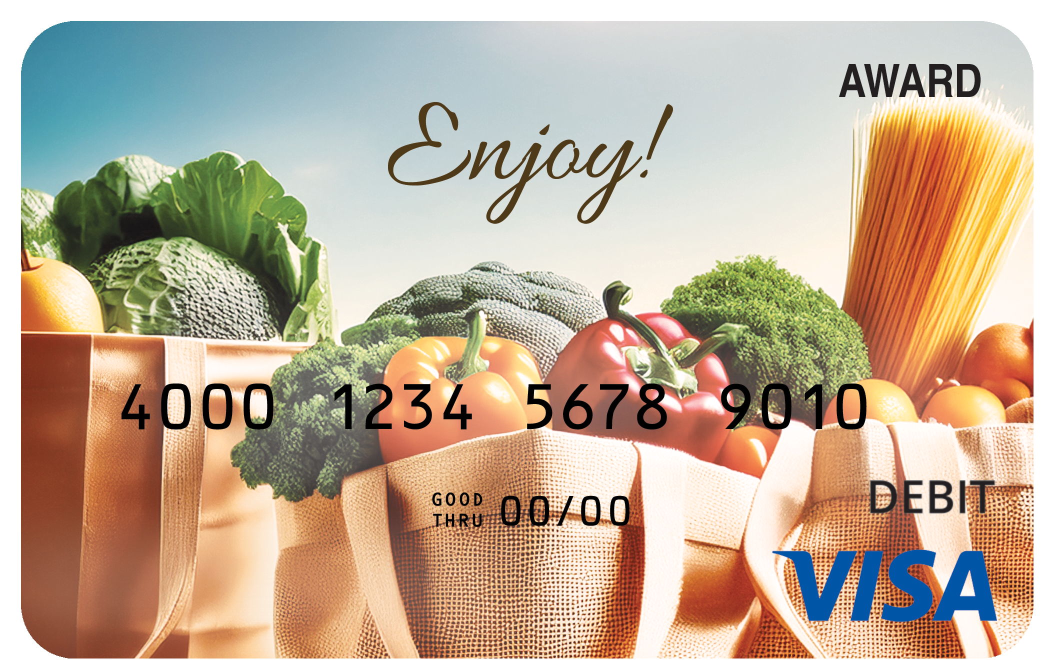 Award debit card with fresh produce imagery and a colorful market-inspired rewards theme.