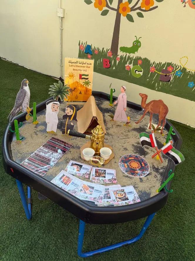 UAE culture discovery tray with falcon, camel and coffee pot