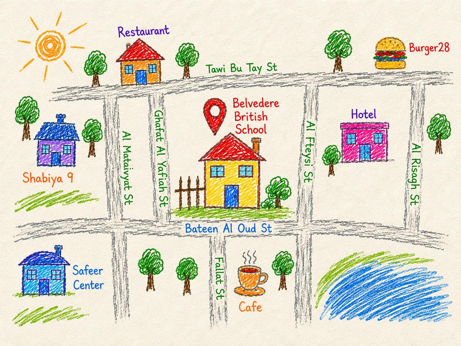 Illustrated map of the neighbourhood around Belvedere British Nursery in Mussafah, Abu Dhabi
