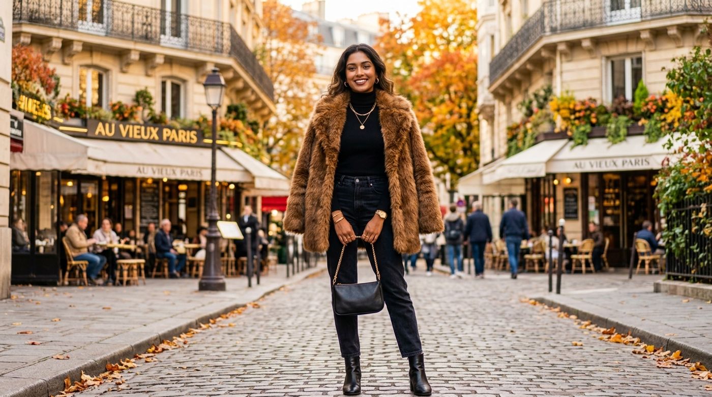 young South Asian woman, 20-24 years old, Indian or Pakistani features, warm brown skin, wearing a voluminous faux-fur c