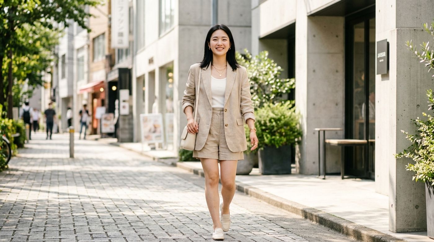 young East Asian woman, 20-24 years old, straight black hair, Korean or Japanese features, wearing a chic beige linen bl