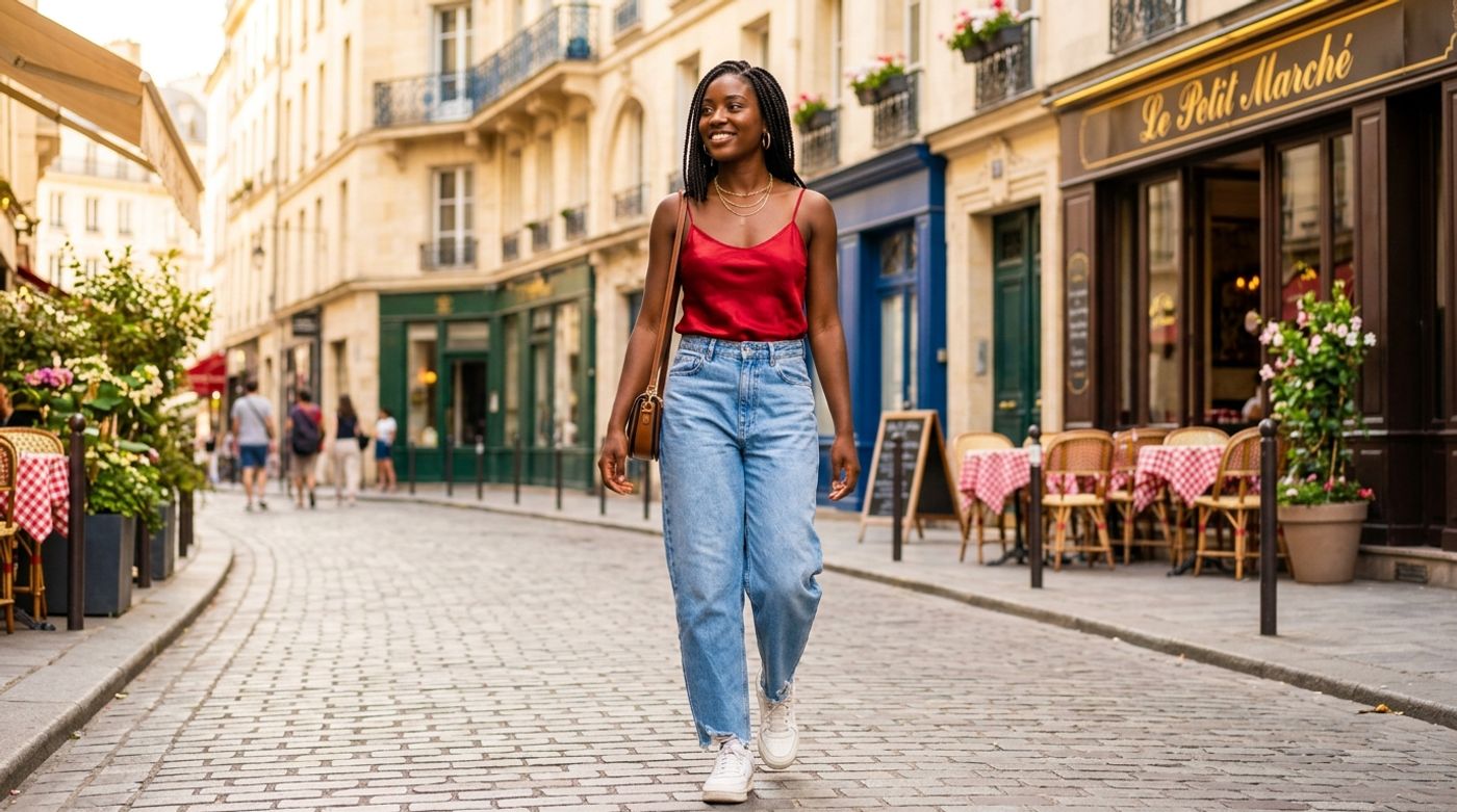 young Black woman, 20-24 years old, natural hair or braids, radiant dark skin, wearing a sleek cherry red satin camisole