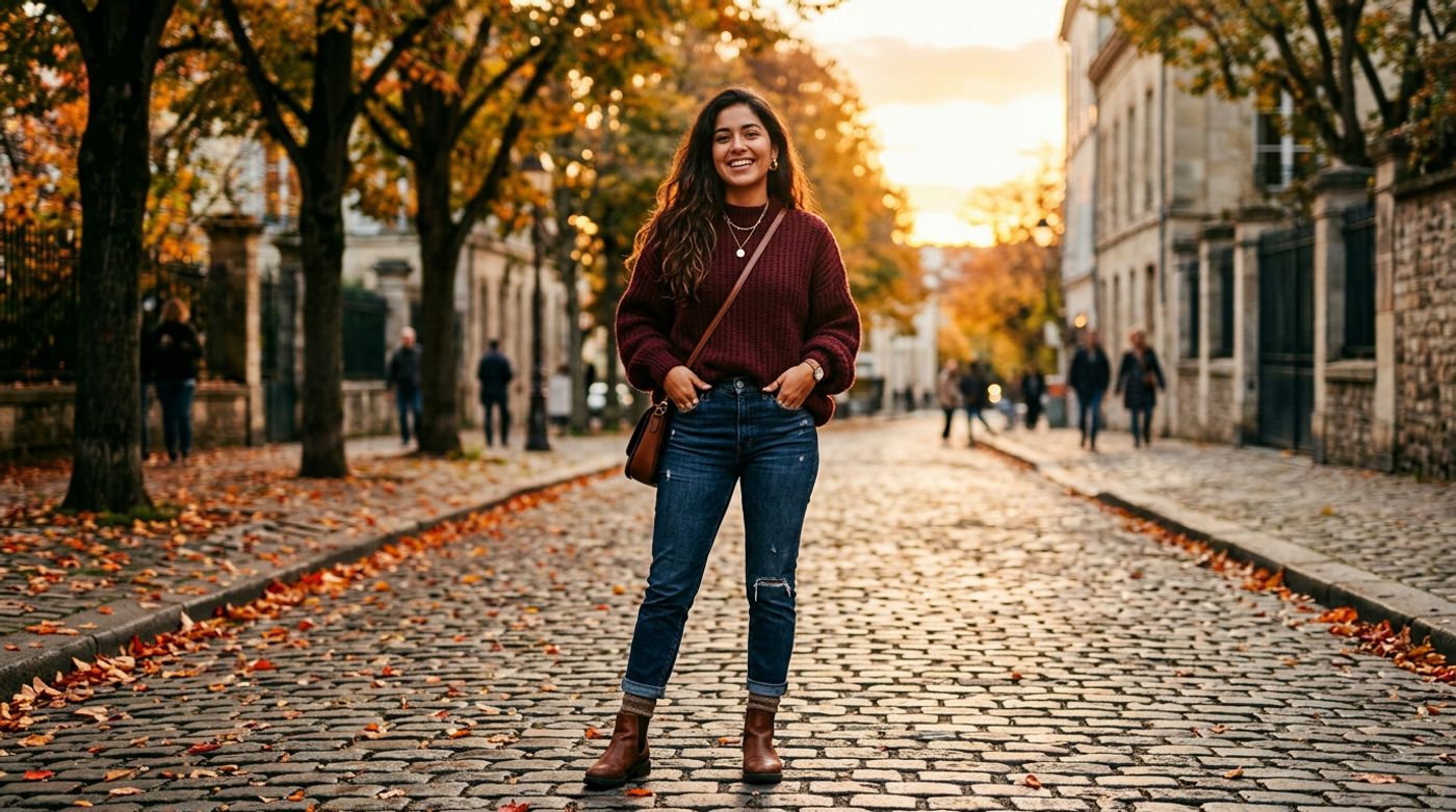 young Latina woman, 20-24 years old, warm olive skin, dark wavy hair, wearing a deep burgundy oversized wool sweater, st