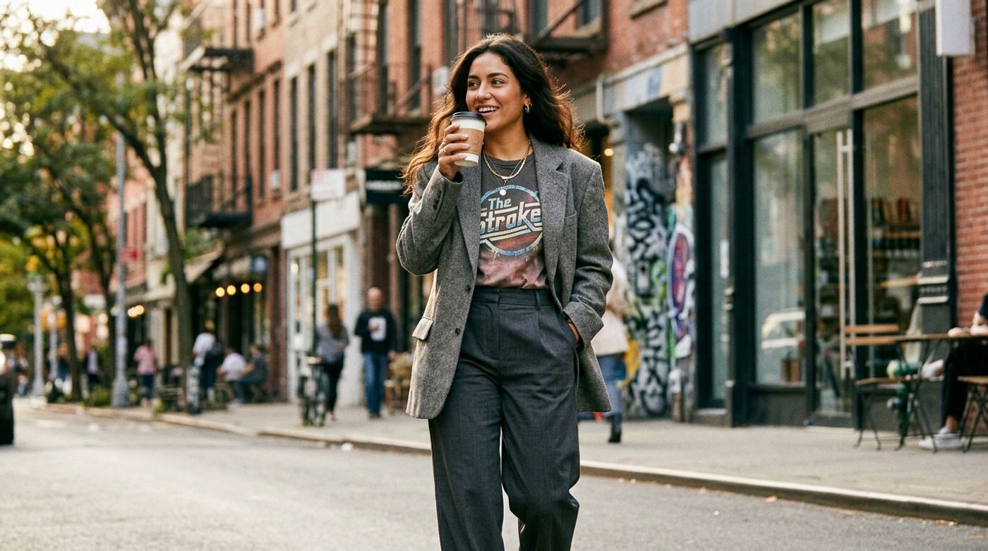 young Latina woman, 20-24 years old, warm olive skin, dark wavy hair, wearing an oversized grey blazer over a graphic ba