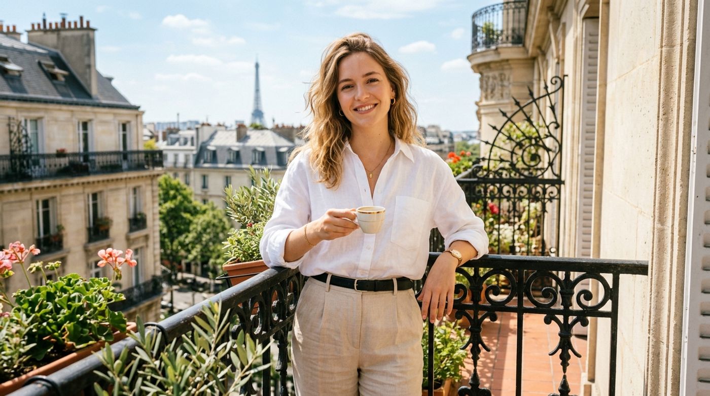 young French Parisian woman, 20-24 years old, light skin, effortless chic look, wearing a high-quality white linen shirt