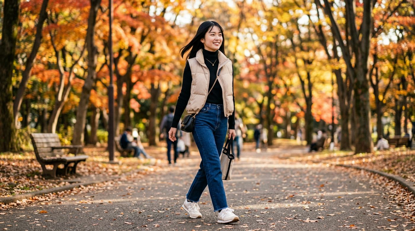 young East Asian woman, 20-24 years old, straight black hair, Korean or Japanese features, portant une doudoune sans man