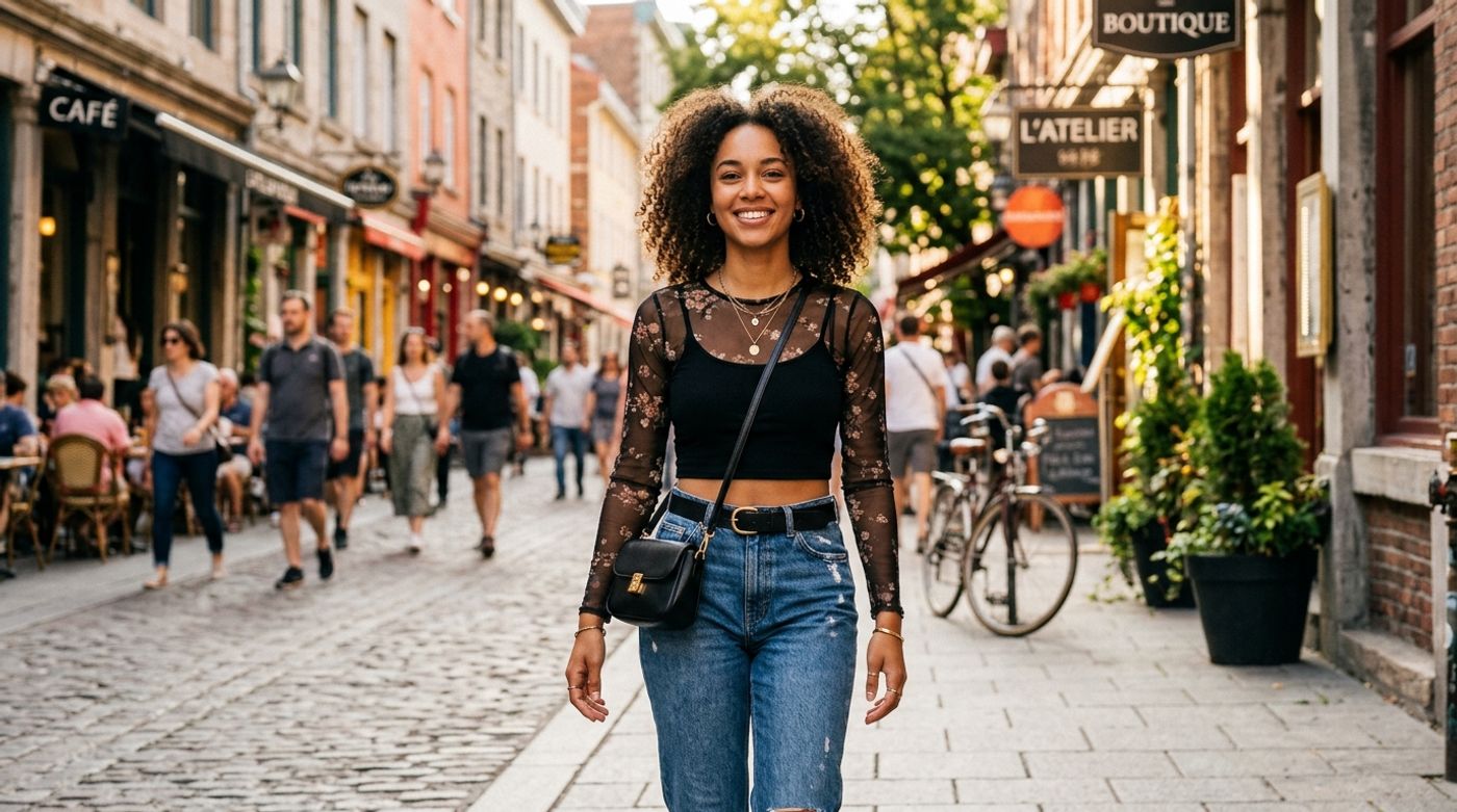 young mixed-race woman, 20-24 years old, light brown skin, curly or wavy hair, wearing a delicate sheer black mesh top o