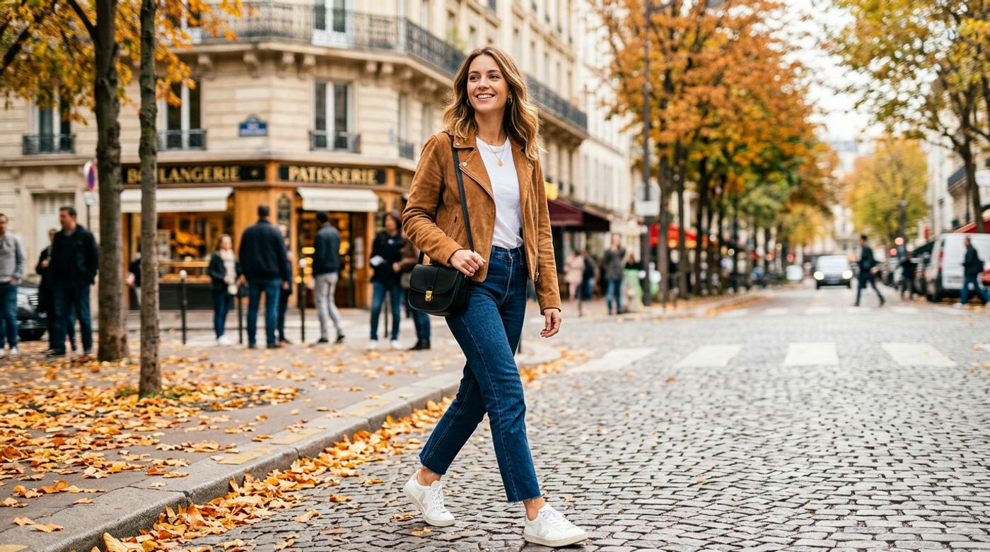 young French Parisian woman, 20-24 years old, light skin, effortless chic look, wearing a soft camel suede jacket over a