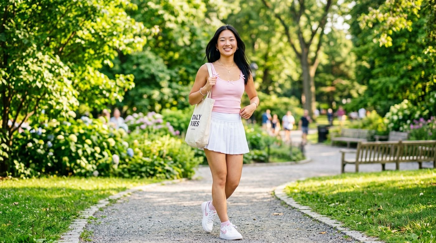 young East Asian woman, 20-24 years old, straight black hair, Korean or Japanese features, wearing a white tennis skirt