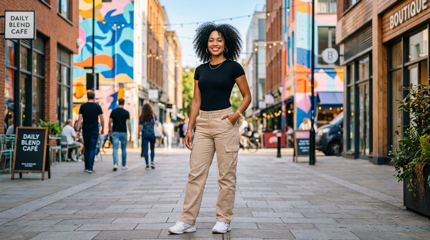 young mixed-race woman, 20-24 years old, light brown skin, curly or wavy hair, wearing a high-waisted beige cargo pant w