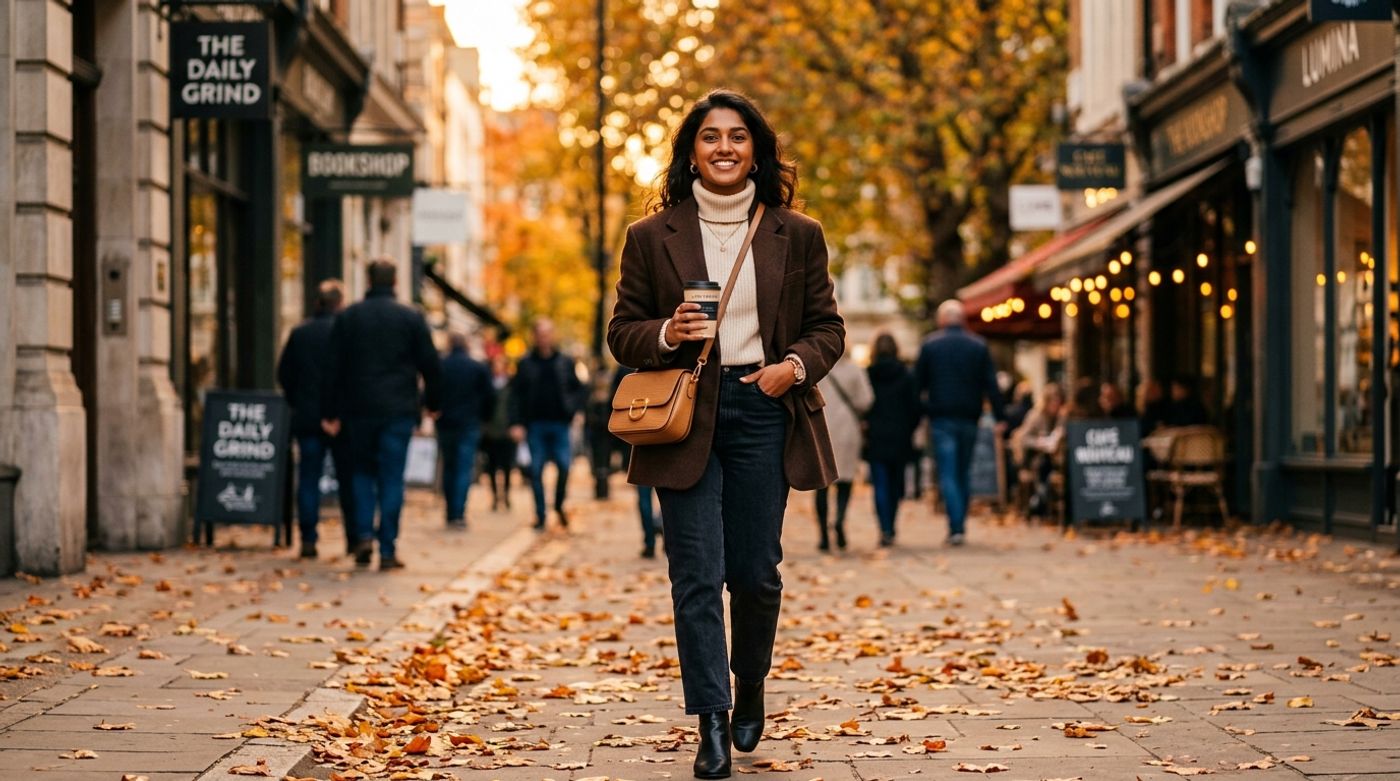 young South Asian woman, 20-24 years old, Indian or Pakistani features, warm brown skin, wearing a chic oversized dark c